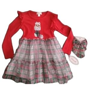 Nannette size 3T Christmas plaid tulle dress cat in a stocking w/ hair clip NWT